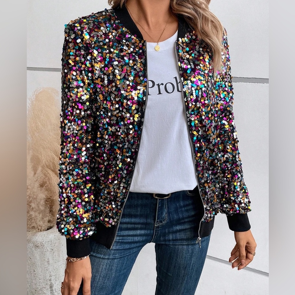 Allegra K Black Bomber Jacket Multicolor Sequins Front Zipper Closure Size XS